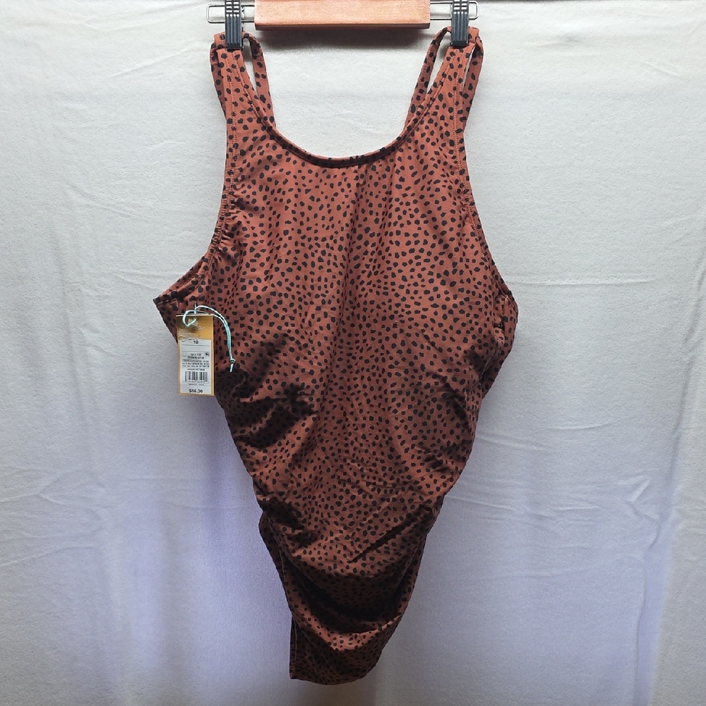 Kona Sol Rust Brown One-Piece Swimsuit with Black Dot Print